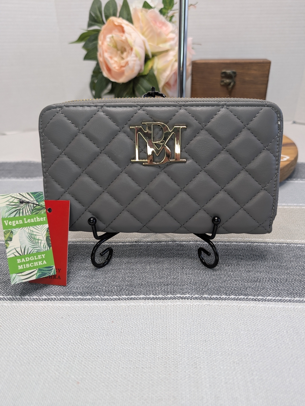 Badgley Mischka Quilted Gray Vegan Leather Zip Wallet with Gold Logo